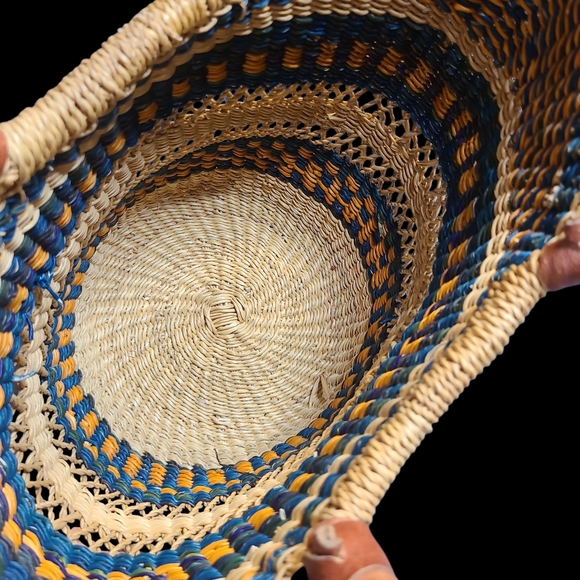 Hand Crafted Blue, Yellow & Natural Woven Straw Tote with Leather Handles - Picture 3 of 3